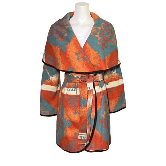 Tasha Polizzi Southwestern Wrap Blanket Coat Size Small Orange Turquoise Aztec - Picture 1 of 16